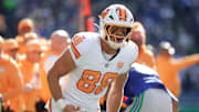 Oct 5, 2025; Seattle, Washington, USA;  Tampa Bay Buccaneers tight end Cade Otton (88) reacts after making a catch against the Seattle Seahawks during the first half at Lumen Field. Mandatory Credit: Joe Nicholson-Imagn Images