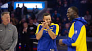Oct 11, 2024; San Francisco, California, USA; Golden State Warriors head coach Steve Kerr, from left, guard Stephen Curry and forward Draymond Green share a laugh before taking on the Sacramento Kings at Chase Center. Mandatory Credit: D. Ross Cameron-Imagn Images