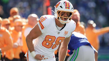 Oct 5, 2025; Seattle, Washington, USA;  Tampa Bay Buccaneers tight end Cade Otton (88) reacts after making a catch against the Seattle Seahawks during the first half at Lumen Field. Mandatory Credit: Joe Nicholson-Imagn Images