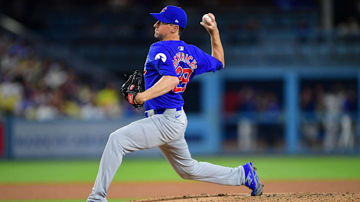 Sep 9, 2024; Los Angeles, California, USA; Chicago Cubs pitcher Kyle Hendricks (28) throws against the Los Angeles Dodgers during the third inning at Dodger Stadium