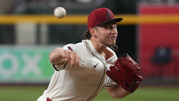 Apr 27, 2025; Phoenix, Arizona, USA; Arizona Diamondbacks pitcher Brandon Pfaadt (32) throws against the Atlanta Braves in the first inning at Chase Field. Mandatory Credit: Rick Scuteri-Imagn Images