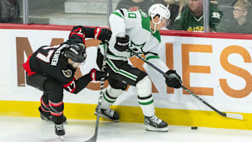 Jan 12, 2025; Ottawa, Ontario, CAN; Ottawa Senators right wing Zack MacEwen (17) chases Dallas Stars center Oskar Back (10) as he skates with the puck in the third period at the Canadian Tire Centre. Mandatory Credit: Marc DesRosiers-Imagn Images