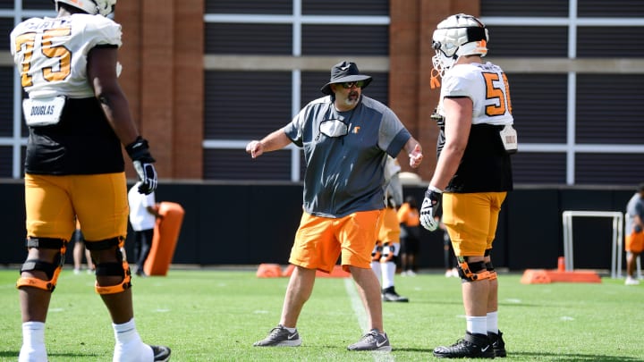 Offensive line coach Glen Elarbee at Tennessee Vol football practice, Thursday, April 15,
