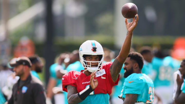 Aug 6, 2024; Miami Gardens, FL, USA; Miami Dolphins quarterback Tua Tagovailoa (1) throws the football during a joint practice with the Atlanta Falcons at Baptist Health Training Complex.