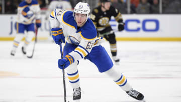 Dec 7, 2023; Boston, Massachusetts, USA; Buffalo Sabres right wing Isak Rosen (63) skates with the puck during the second period against the Boston Bruins at TD Garden. Mandatory Credit: Bob DeChiara-USA TODAY Sports