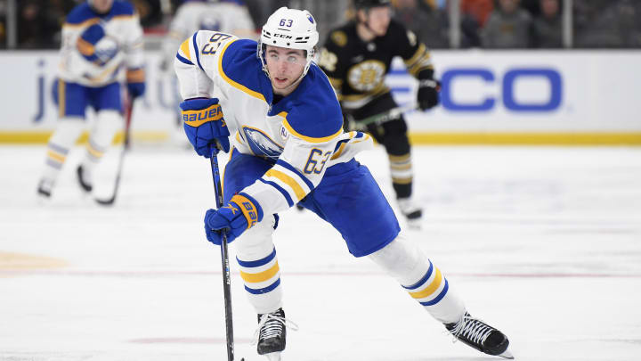 Dec 7, 2023; Boston, Massachusetts, USA; Buffalo Sabres right wing Isak Rosen (63) skates with the puck during the second period against the Boston Bruins at TD Garden. Mandatory Credit: Bob DeChiara-USA TODAY Sports