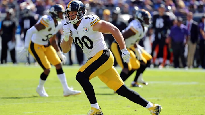 Oct 1, 2017; Baltimore, MD, USA; Pittsburgh Steelers linebacker TJ Watt (90) defends a pass against the Baltimore Ravens at M&T Bank Stadium. Mandatory Credit: Mitch Stringer-Imagn Images