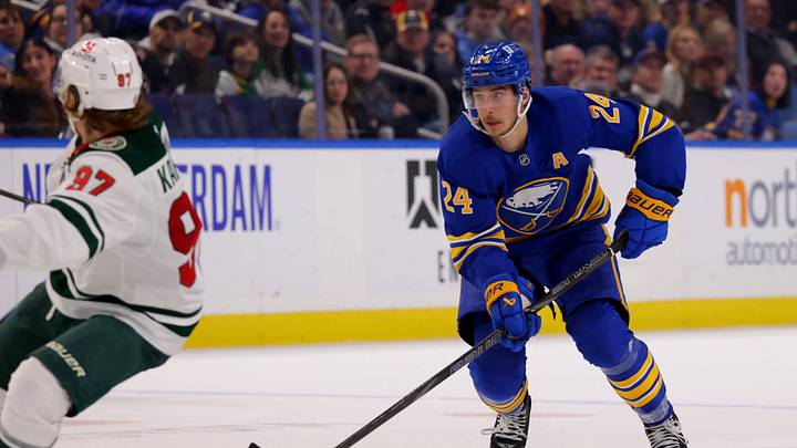 Nov 27, 2024; Buffalo, New York, USA;  Buffalo Sabres center Dylan Cozens (24) skates up ice with the puck during the second period against the Minnesota Wild at KeyBank Center. Mandatory Credit: Timothy T. Ludwig-Imagn Images