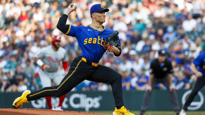 Seattle Mariners starting pitcher Bryan Woo throws against the Philadelphia Phillies on Friday at T-Mobile Park.