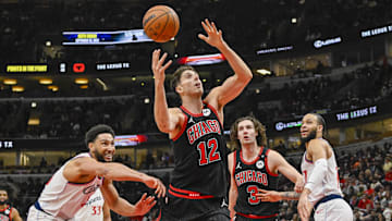 Feb 26, 2025; Chicago, Illinois, USA;  Chicago Bulls forward Zach Collins (12) drives to the basket