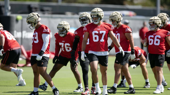 Jul 26, 2024; Santa Clara, CA, USA; San Francisco 49ers offensive linemen perform blocking drills during Day 4 of training camp at SAP Performance Facility. Mandatory Credit: D. Ross Cameron-USA TODAY Sports