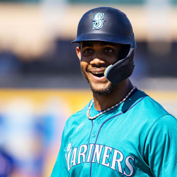 Mar 5, 2024; Peoria, Arizona, USA; Seattle Mariners outfielder Julio Rodriguez against the Texas Rangers during a spring training baseball game at Peoria Sports Complex. Mandatory Credit: Mark J. Rebilas-Imagn Images