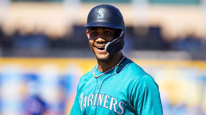 Mar 5, 2024; Peoria, Arizona, USA; Seattle Mariners outfielder Julio Rodriguez against the Texas Rangers during a spring training baseball game at Peoria Sports Complex. Mandatory Credit: Mark J. Rebilas-Imagn Images