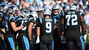 Nov 19, 2023; Charlotte, North Carolina, USA;  Carolina Panthers quarterback Bryce Young (9) in the huddle in the second quarter at Bank of America Stadium. Mandatory Credit: Bob Donnan-USA TODAY Sports