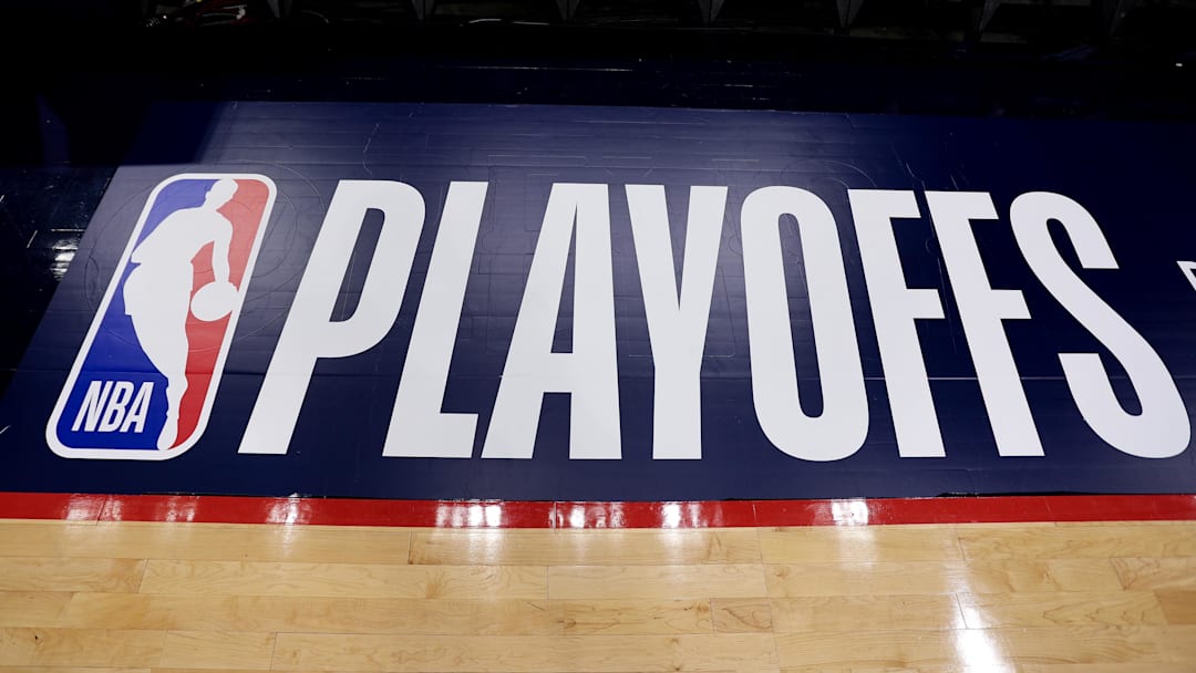 A detail view of the NBA Playoffs logo.