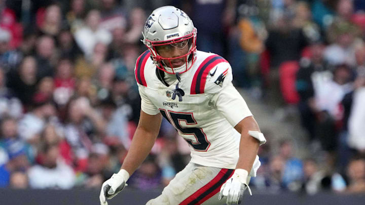 Oct 20, 2024; London, United Kingdom; New England Patriots safety Marte Mapu (15) against the Jacksonville Jaguars in the second half of an NFL International Series game at Wembley Stadium. Mandatory Credit: Kirby Lee-Imagn Images