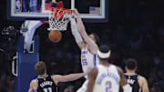 Oct 28, 2025; Oklahoma City, Oklahoma, USA; Oklahoma City Thunder center Isaiah Hartenstein (55) dunks against the Sacramento Kings during the second quarter at Paycom Center. Mandatory Credit: Alonzo Adams-Imagn Images