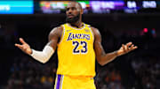 Dec 19, 2024; Sacramento, California, USA; Los Angeles Lakers forward LeBron James (23) reacts after missing a shot against the Sacramento Kings in the second quarter at the Golden 1 Center. Mandatory Credit: Cary Edmondson-Imagn Images