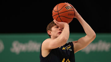 Mar 31, 2025; Brooklyn, New York, USA; McDonald’s All American West forward Nikolas Khamenia (14) shoots the ball during the Sprite Jam Fest at Barclay's Center. Mandatory Credit: Pamela Smith-Imagn Images