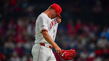 Jul 30, 2025; Anaheim, California, USA; Los Angeles Angels pitcher Reid Detmers (48) walks to the dugout after being relieved against the Texas Rangers during the eighth inning at Angel Stadium. Mandatory Credit: Gary A. Vasquez-Imagn Images