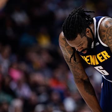 Apr 2, 2025; Denver, Colorado, USA; Denver Nuggets center DeAndre Jordan (6) in the third quarter against the San Antonio Spurs at Ball Arena. Mandatory Credit: Isaiah J. Downing-Imagn Images