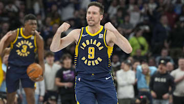 Mar 17, 2025; Minneapolis, Minnesota, USA; Indiana Pacers guard T.J. McConnell (9) celebrates after defeating the Minnesota Timberwolves at Target Center. Mandatory Credit: Jesse Johnson-Imagn Images