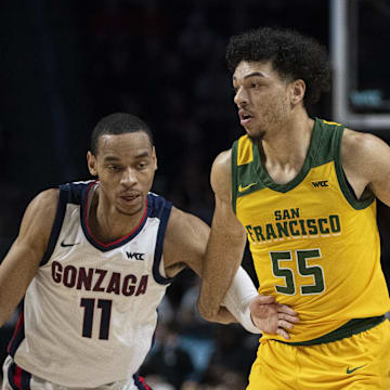 March 11, 2024; Las Vegas, NV, USA; San Francisco Dons guard Marcus Williams (55) dribbles the basketball against Gonzaga Bulldogs guard Nolan Hickman (11) during the first half in the semifinals of the WCC Basketball Championship at Orleans Arena. 