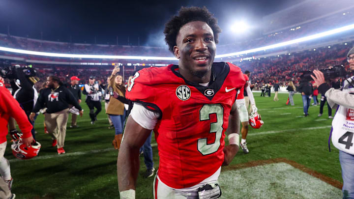Nov 16, 2024; Athens, Georgia, USA; Georgia Bulldogs running back Nate Frazier (3) celebrates after a victory over the Tennessee Volunteers at Sanford Stadium. Mandatory Credit: Brett Davis-Imagn Images
Nov 16, 2024; Athens, Georgia, USA; Georgia Bulldogs running back Nate Frazier (3) celebrates after a victory over the Tennessee Volunteers at Sanford Stadium. Mandatory Credit: Brett Davis-Imagn Images