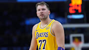 Oct 24, 2025; Los Angeles, California, USA; Los Angeles Lakers guard Luka Doncic (77) reacts in the second half against the Minnesota Timberwolves at Crypto.com Arena. Mandatory Credit: Kirby Lee-Imagn Images
