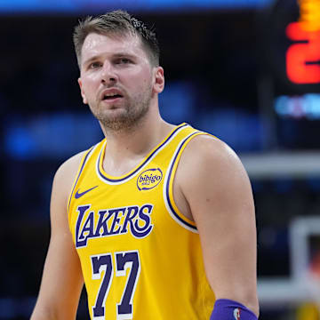Oct 24, 2025; Los Angeles, California, USA; Los Angeles Lakers guard Luka Doncic (77) reacts in the second half against the Minnesota Timberwolves at Crypto.com Arena. Mandatory Credit: Kirby Lee-Imagn Images