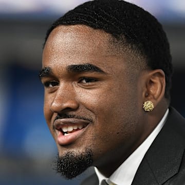 Jul 24, 2024; Indianapolis, IN, USA; USC Trojans safety Kamari Ramsey speaks to the media during the Big 10 football media day at Lucas Oil Stadium. Mandatory Credit: Robert Goddin-Imagn Images
