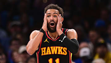 Trae Young #11 of the Atlanta Hawks reacts versus the Oklahoma City Thunder