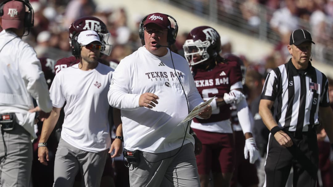 Texas A&M Aggies head coach Mike Elko on the sideline during the second quarter against the South Carolina Gamecocks at Kyle Field.