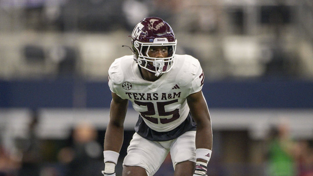 Sep 30, 2023; Arlington, Texas, USA; Texas A&M Aggies defensive back Dalton Brooks (25) In action during the game between the Texas A&M Aggies and the Arkansas Razorbacks at AT&T Stadium. Mandatory Credit: Jerome Miron-Imagn Images