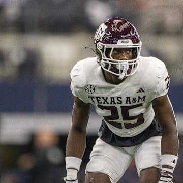Sep 30, 2023; Arlington, Texas, USA; Texas A&M Aggies defensive back Dalton Brooks (25) In action during the game between the Texas A&M Aggies and the Arkansas Razorbacks at AT&T Stadium. Mandatory Credit: Jerome Miron-Imagn Images