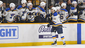 Mar 18, 2025; Nashville, Tennessee, USA;  St. Louis Blues center Jordan Kyrou (25) celebrates his goal with his teammates during the second period against the Nashville Predators at Bridgestone Arena. Mandatory Credit: Steve Roberts-Imagn Images