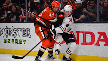 Mar 1, 2025; Anaheim, California, USA; Anaheim Ducks defenseman Drew Helleson (43) hits Chicago Blackhawks center Ryan Donato (8) while playing for the puck during the first period at Honda Center. Mandatory Credit: Gary A. Vasquez-Imagn Images