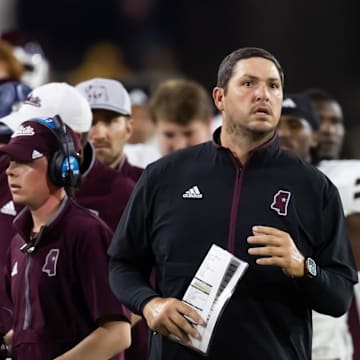 Sep 7, 2024; Tempe, Arizona, USA; Mississippi State Bulldogs head coach Jeff Lebby against the Arizona State Sun Devils at Mountain America Stadium. Mandatory Credit: Mark J. Rebilas-Imagn Images