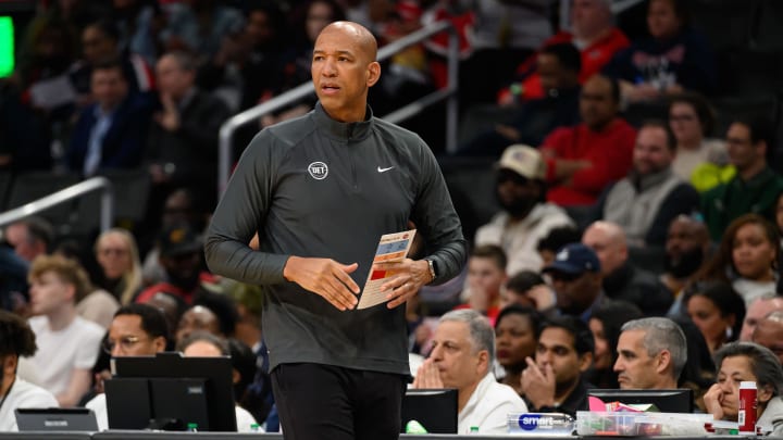 Mar 29, 2024; Washington, District of Columbia, USA; Detroit Pistons head coach Monty Williams looks on during the first quarter against the Washington Wizards at Capital One Arena. Mandatory Credit: Reggie Hildred-USA TODAY Sports