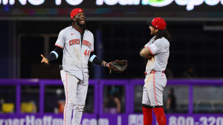 Aug 5, 2024; Miami, Florida, USA; Cincinnati Reds shortstop Elly De La Cruz (44) celebrates with second baseman Jonathan India (6) after the game against the Miami Marlins at loanDepot Park. Mandatory Credit: Sam Navarro-USA TODAY Sports