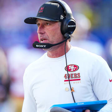 Nov 2, 2025; East Rutherford, New Jersey, USA; San Francisco 49ers head coach Kyle Shanahan on the sideline during the first half of a game against the New York Giants at MetLife Stadium. Mandatory Credit: Robert Deutsch-Imagn Images