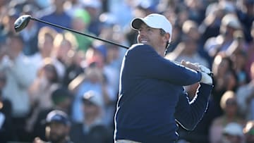 Rory McIlroy tees off during the playoff at the 2025 Players Championship at TPC Sawgrass