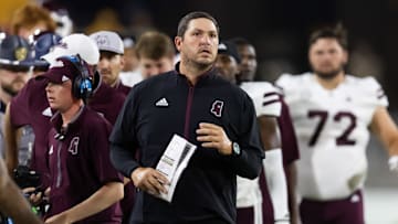 Sep 7, 2024; Tempe, Arizona, USA; Mississippi State Bulldogs head coach Jeff Lebby against the Arizona State Sun Devils at Mountain America Stadium. Mandatory Credit: Mark J. Rebilas-Imagn Images