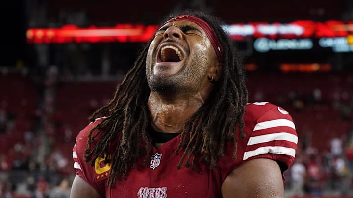 Sep 9, 2024; Santa Clara, California, USA; San Francisco 49ers linebacker Fred Warner (54) celebrates after a victory against the New York Jets at Levi's Stadium. Mandatory Credit: David Gonzales-Imagn Images