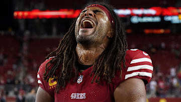Sep 9, 2024; Santa Clara, California, USA; San Francisco 49ers linebacker Fred Warner (54) celebrates after a victory against the New York Jets at Levi's Stadium. Mandatory Credit: David Gonzales-Imagn Images