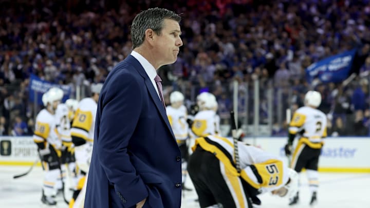 May 15, 2022; New York, New York, USA; Pittsburgh Penguins head coach Mike Sullivan walks off the ice after losing to the New York Rangers 4-3 in overtime of game seven of the first round of the 2022 Stanley Cup Playoffs at Madison Square Garden. Mandatory Credit: Brad Penner-Imagn Images