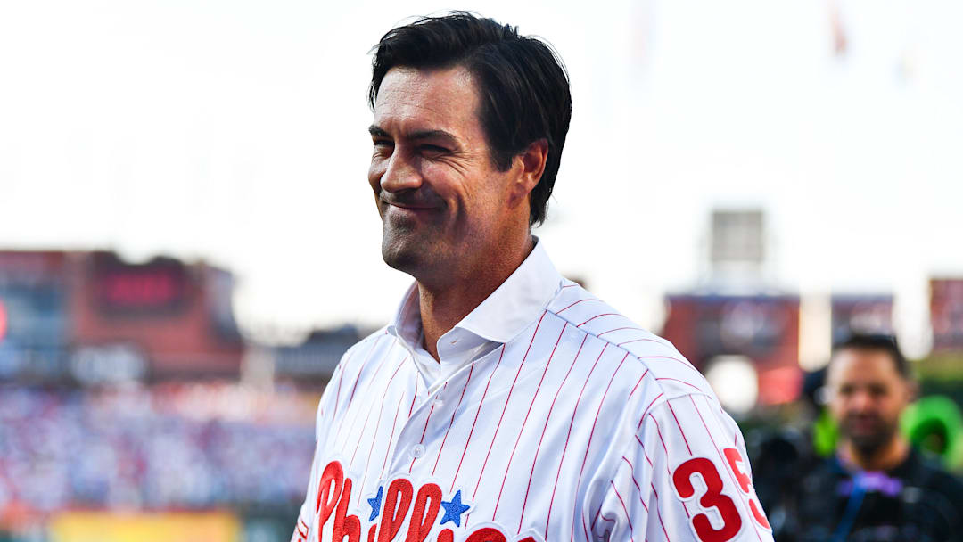 Jun 21, 2024; Philadelphia, Pennsylvania, USA; Former Philadelphia Phillies pitcher Cole Hamels looks on before the game against the Arizona Diamondbacks at Citizens Bank Park.