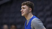 Mar 26, 2025; Newark, NJ, USA; Duke Blue Devils forward Cooper Flagg (2) during a practice session in preparation for an East Regional semifinal game against the Arizona Wildcats at Prudential Center. Mandatory Credit: Vincent Carchietta-Imagn Images