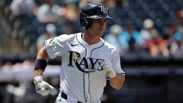 Tampa Bay Rays outfielder Jake Mangum (28) singles against the Miami Marlins during the seventh inning at George M. Steinbrenner Field on June 6.