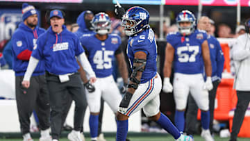 New York Giants linebacker Kayvon Thibodeaux celebrates after a sack during the second half against the New Orleans Saints